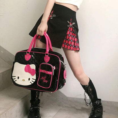 Black Hello Kitty PVC Shiny Stitched Bow Handbag Cute girl Duffle Bag Suitcase