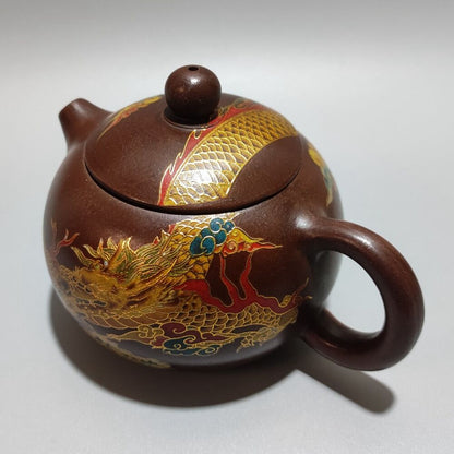 Vintage Chinese Yixing Purple Clay Teapot Zisha Ceramic Painted Dragon Teaware