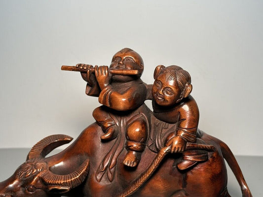 Vintage Wooden Carving Children Cattle Statue Ornament Boxwood Sculpture Artwork