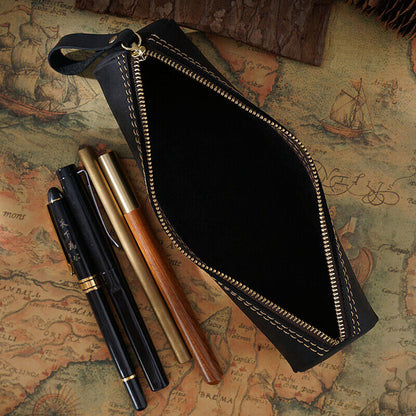 Handmade Cowhide Leather Pen Pouch Zipper Pencil Case Stationery Storage Pen Bag