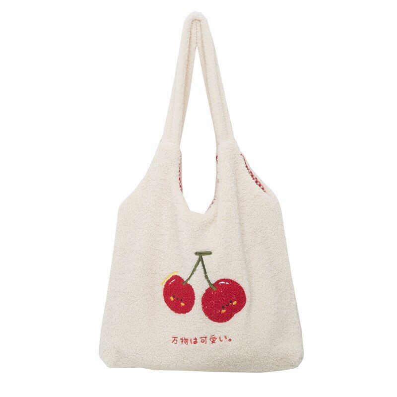 Plush Tote Bag Shopper Handbag Cute Embroidery Wool Shoulder Bag Polyester Soft