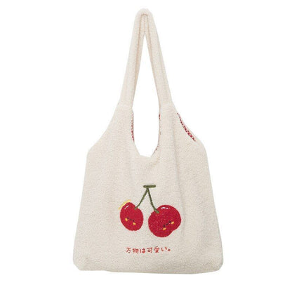 Plush Tote Bag Shopper Handbag Cute Embroidery Wool Shoulder Bag Polyester Soft