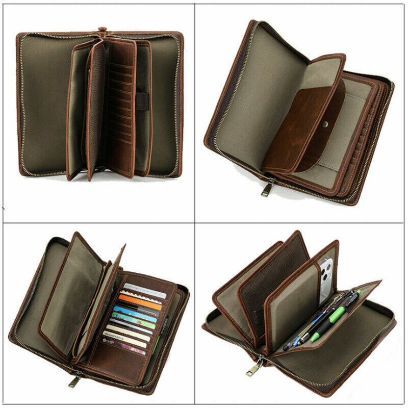 Men Leather Clutch Bag Wallet Zipper Purse Money Card Passport Pens Coins Holder