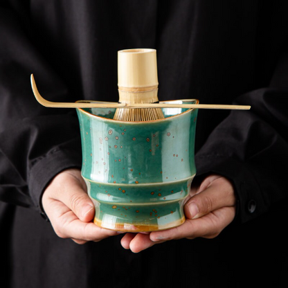 Green Ceramic Matcha Tea Set Matcha Bowl For Traditional Tea Ceremony