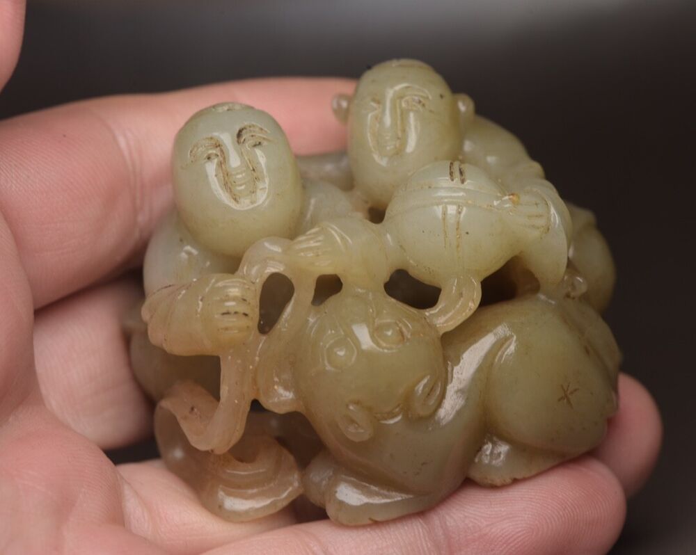 Chinese Antique Hotan Jade Carved Children Beast Statue Sculpture Nice Art Work