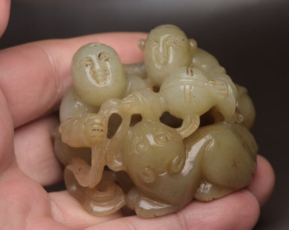 Chinese Antique Hotan Jade Carved Children Beast Statue Sculpture Nice Art Work