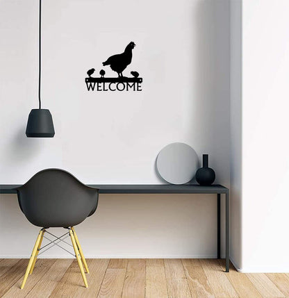 Hen and Chicks Welcome Sign - 12 inch Wide Metal Wall Art
