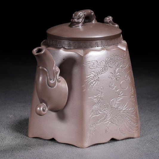 Vintage Chinese Yixing Purple Clay Teapot Zisha Ceremony Carving Dragon Phoenix