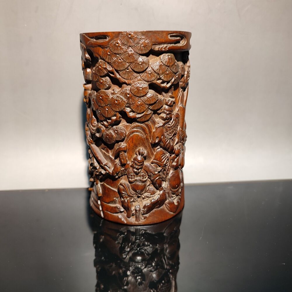 chinese carved brush pot pots pen case statue antique wood carving Warrior story