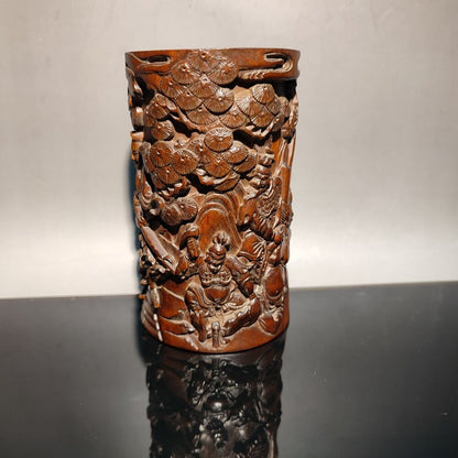 chinese carved brush pot pots pen case statue antique wood carving Warrior story