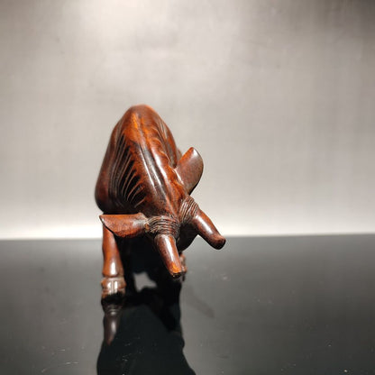 Chinese Boxwood Carving Wealthy Cow Bull Cattle Ox Statue Indoor Home Decor Gift