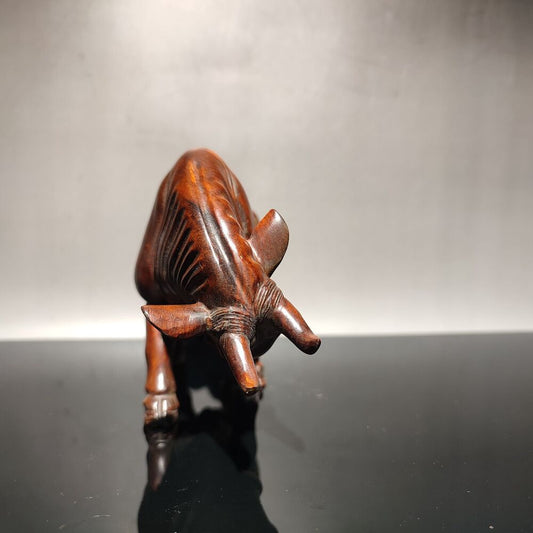 Chinese Boxwood Carving Wealthy Cow Bull Cattle Ox Statue Indoor Home Decor Gift