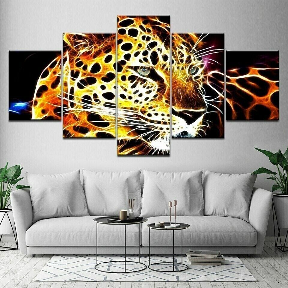 Abstract Leopard Animal Face Poster 5 Panel Canvas Print Wall Art Home Decor