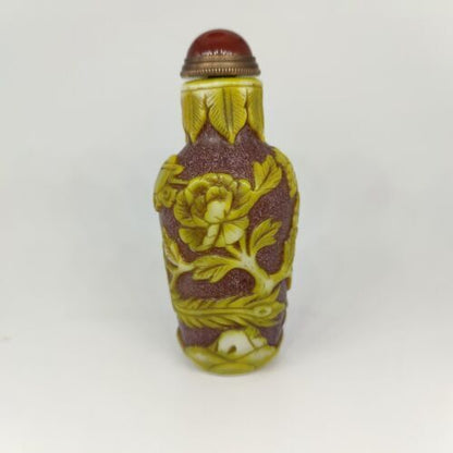 Fine yellow Glass Lucky Snuff Bottle carved phoenix statue flower colored glaze