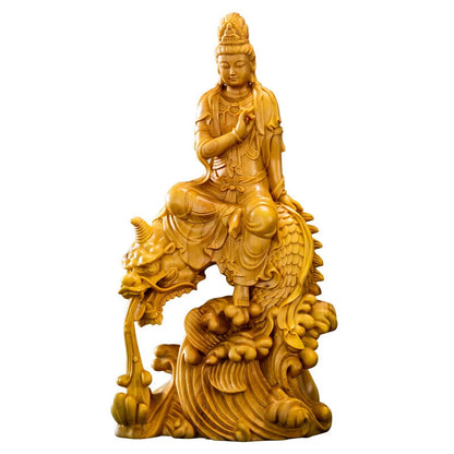 Boxwood 15cm Guan Yin Wood Buddha Statue Dragon Guanyin Bodhisattva Feng Shui