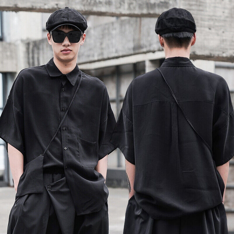 Men Japanese Casual Loose Oversize Shirt Black Harajuku Samurai Baggy Top Blouse