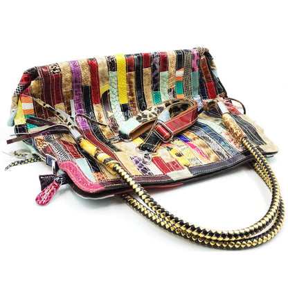 Multicolor Patch Real Leather Shoulder Bag Tote Handbag Purse Crossbody 2 Handle