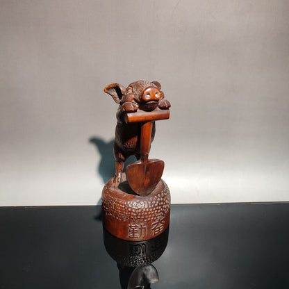 chinese carved wooden cute pig Statue wood decor modern home Gift laborious art