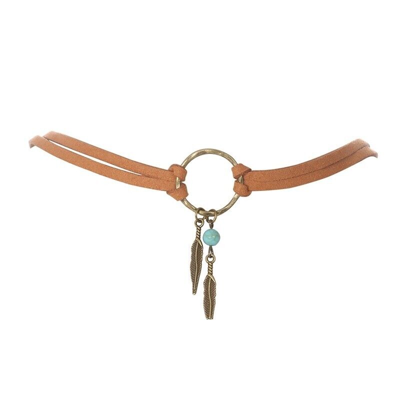 Women Necklace Alloy Brown Leather Chain Boho Choker Feather Bead Pendant 39.5cm