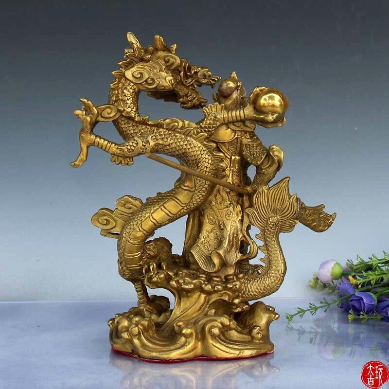 9" Chinese Fengshui brass Guan Gong Yu Warrior God Sword Stand in Dragon Statue