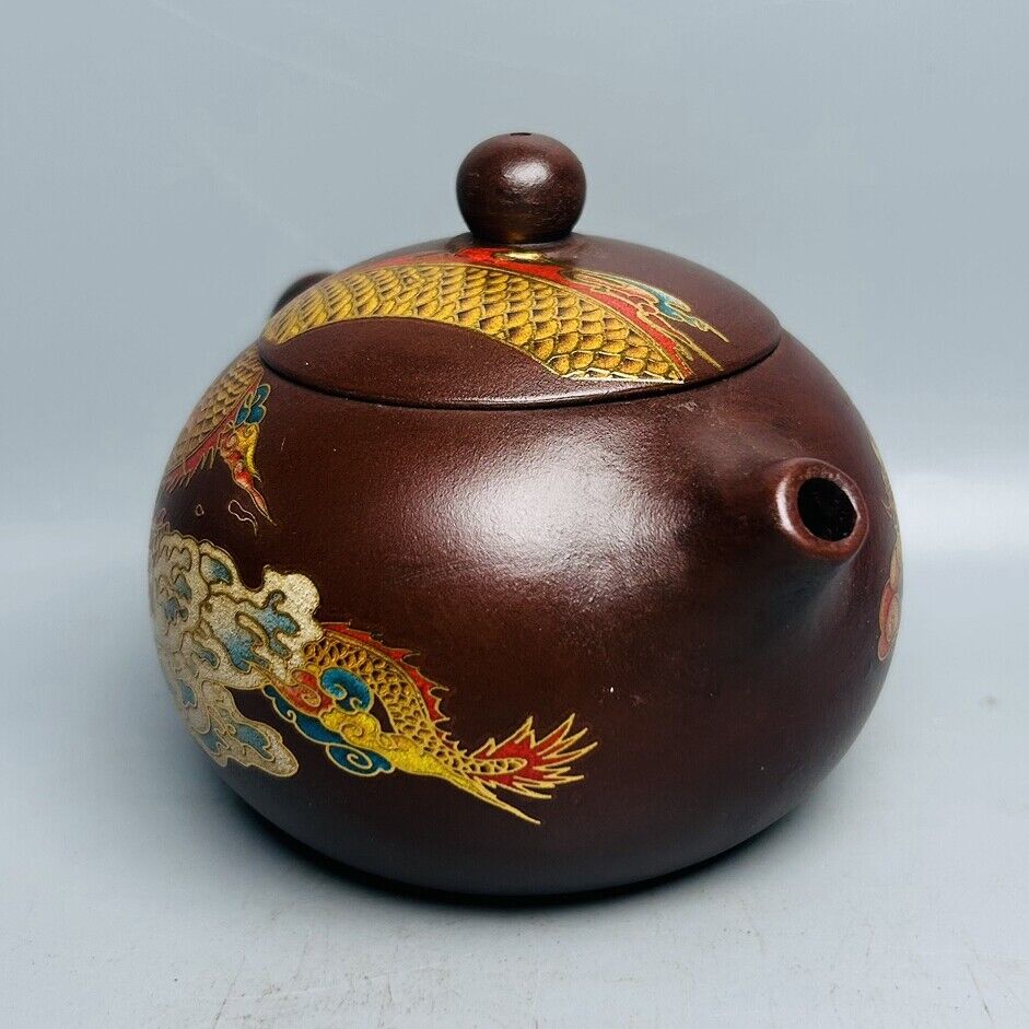 Vintage Chinese Yixing Purple Clay Teapot Zisha Ceremony Painted Dragon Teaware