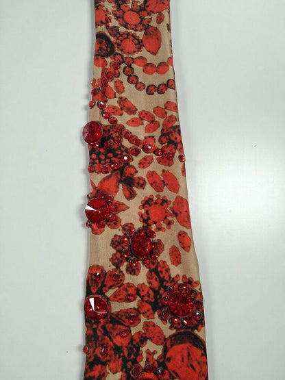 Women Fashion Gloves Red Floral Rhinestone Stretch Sparkling Spandex Long Mitten