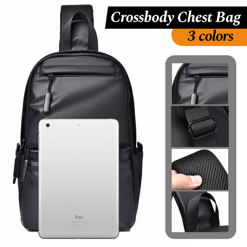 Chest Sling Bag PU Leather Travel Single Shoulder Crossbody Bag Black Gray Mens