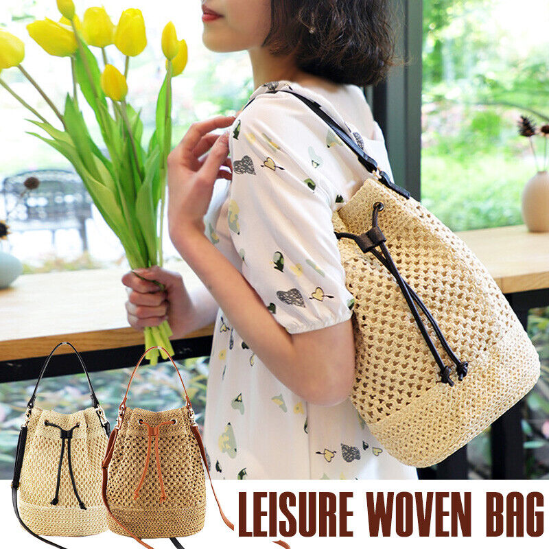 Lady Hand Woven Straw Bag Bucket Bag Beach Bag Shoulder Bag Crossbody Drawstring