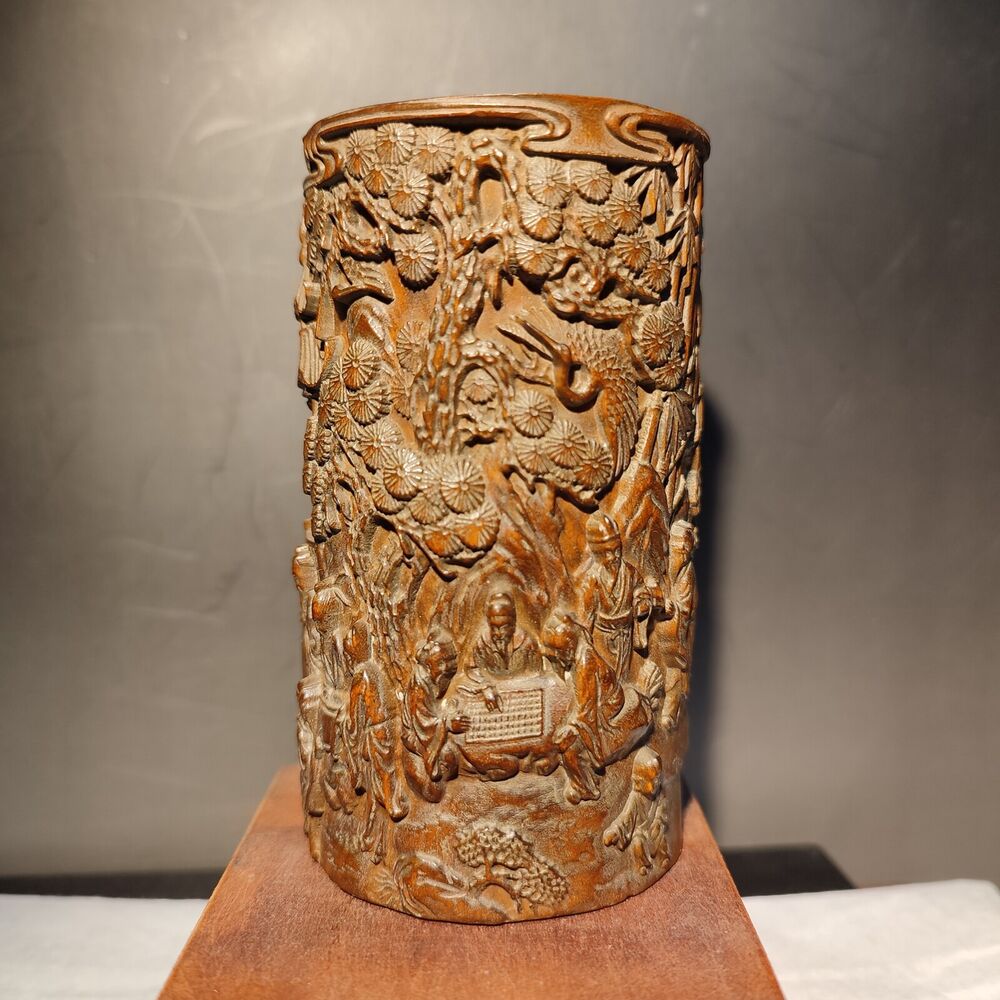 chinese carved brush pot pen case statue wood carving piano party story Study