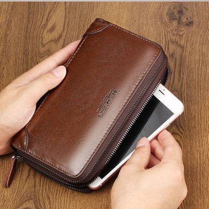 Men Business Leather Long Wallet Double Zipper Card Holder Clutch Bag Phone Case