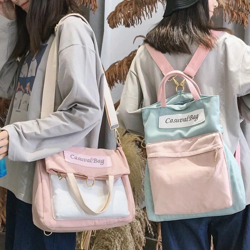 Stitching Canvas Bag Multipurpose Backpack Messenger Bags Student Shoulder Purse