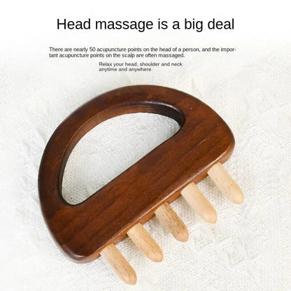 Solid Wood Meridian Brush Five Teeth Scalp Massage Scraping Acupuncture Therapy