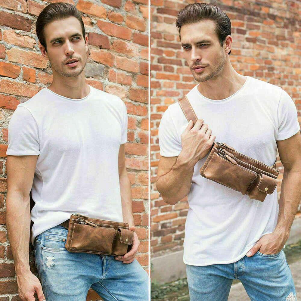 Men Real Leather Bum Waist Belt Bag Fanny Pack Sports Travel Running Pouch