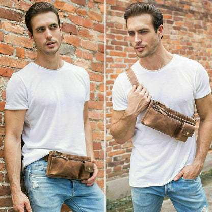 Men Real Leather Bum Waist Belt Bag Fanny Pack Sports Travel Running Pouch