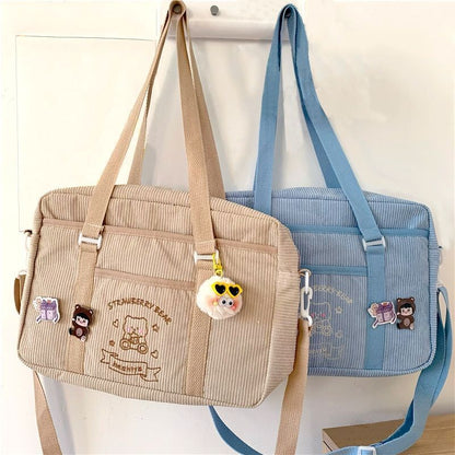 Shoulder Bag Corduroy Shopper Cartoon Embroidered Bear Letter Handbag 35*10*25CM