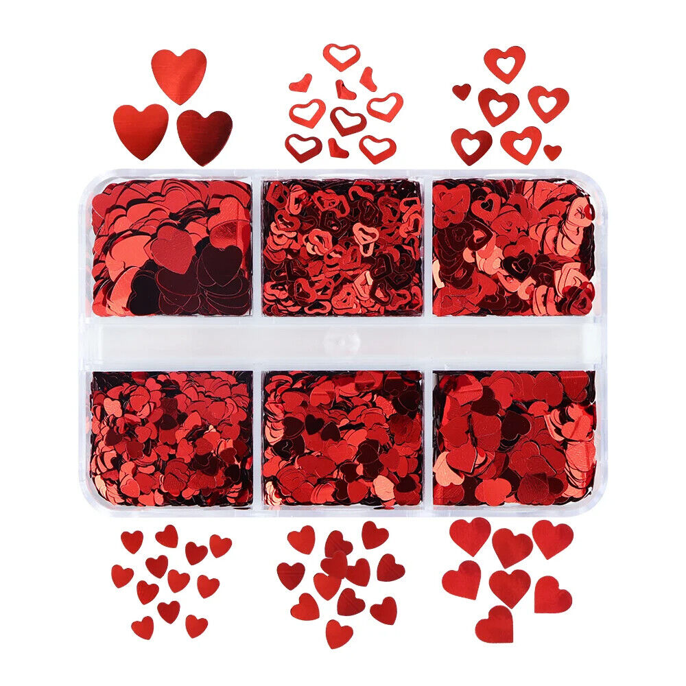 Nail Art Glitter 6 Grids Red Love Heart Sequins Flakes DIY Valentines Decoration