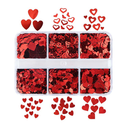 Nail Art Glitter 6 Grids Red Love Heart Sequins Flakes DIY Valentines Decoration