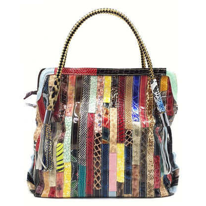 Multicolor Patch Real Leather Shoulder Bag Tote Handbag Purse Crossbody 2 Handle