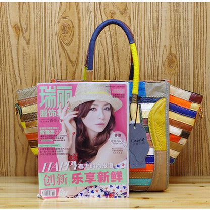 Women's Bag Luxury Genuine Leather Tote Colorful Blocks Patchwork Crossbody Bag