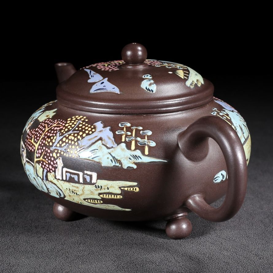 Vintage Chinese Yixing Purple Clay Teapot Zisha Painted Nice Landscape Teaware