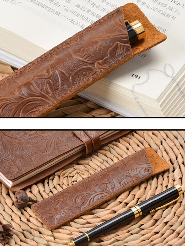 Handmade Cowhide Leather Carved Vintage Pencil Case Stationery Storage Bag
