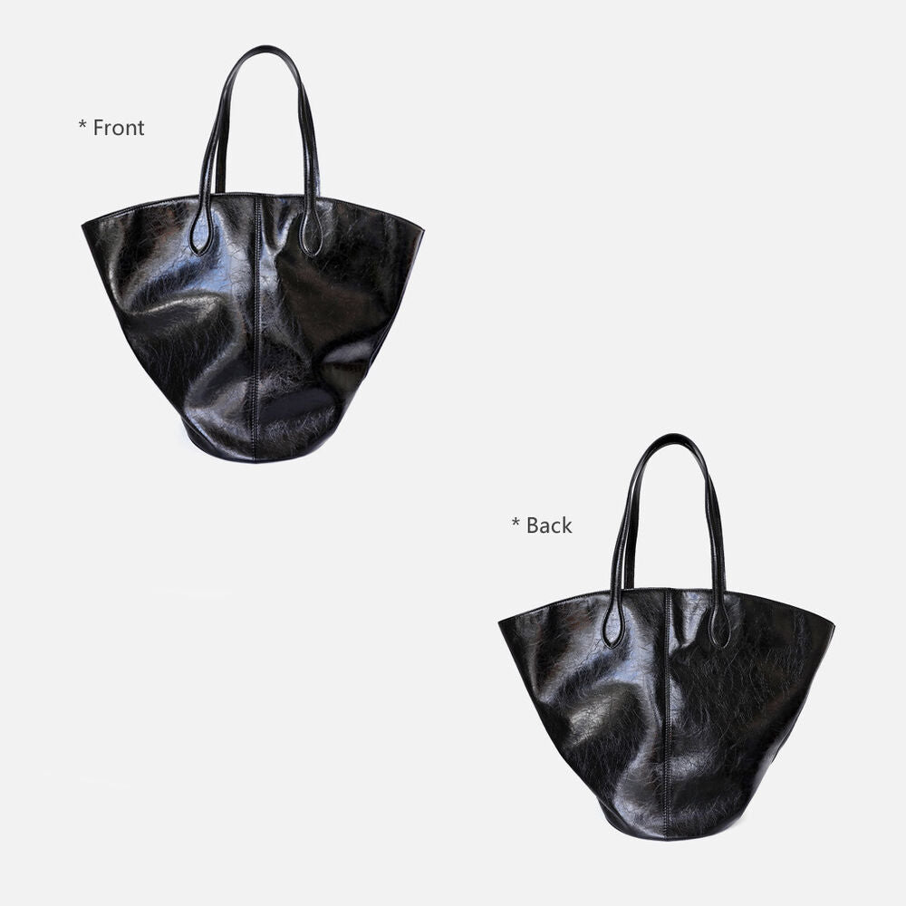 Large Shiny Soft Real Leather Waxed Tote Handbag Purse Shoulder Bag Shopper