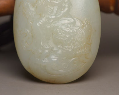Chinese Natural Hetian Jade Carved Kwan Yin Statue Good Luck Pendant Jewelry Art
