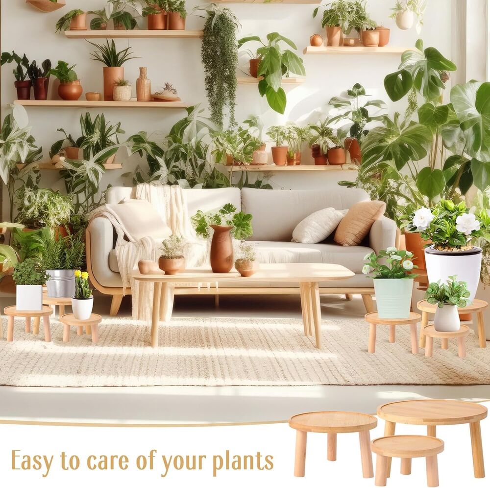 Round Wooden Plant Stand Stool Risers Pots Flower Home Office Decor Set of 3