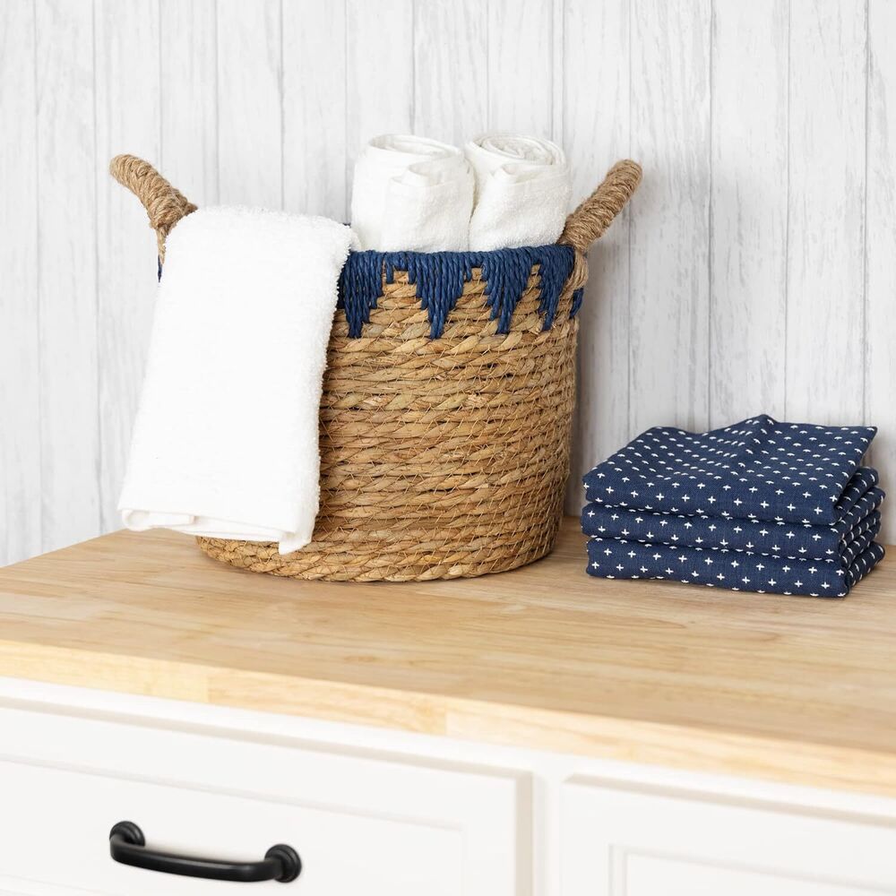 Woven Wicker Basket for Storing Essentials Rustic Decorative with Blue Deails