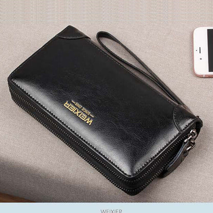 Men Business Leather Long Wallet Double Zipper Card Holder Clutch Bag Phone Case