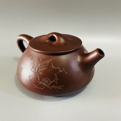 Vintage Chinese Yixing Purple Clay Teapot Zisha Ceramic Carving Flower Bird Rare