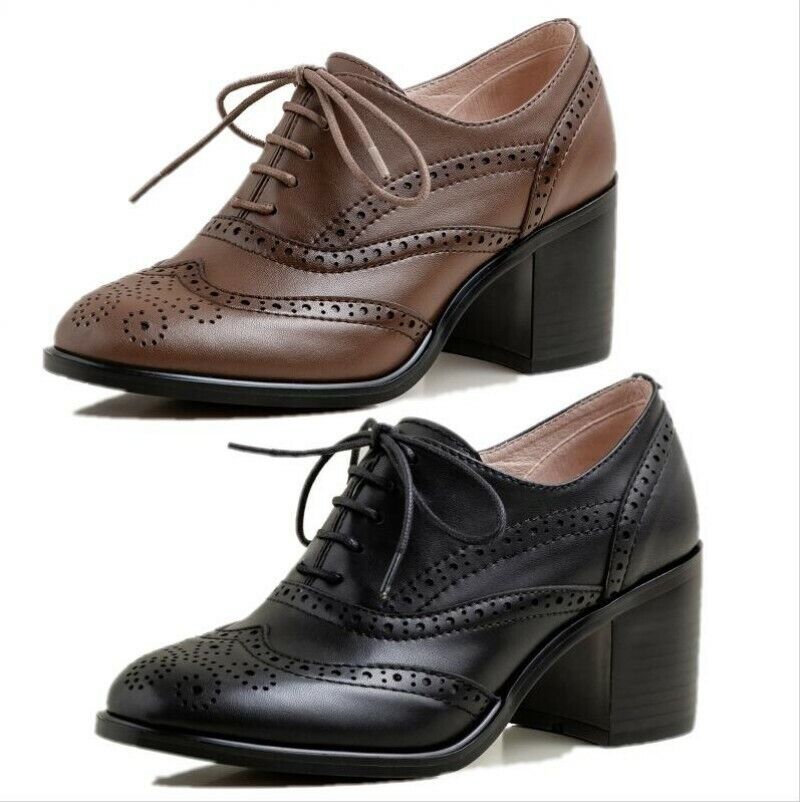 Womens Lace Up Round Toe Pumps Brogue Wing Tip Oxford College Style Casual Shoes