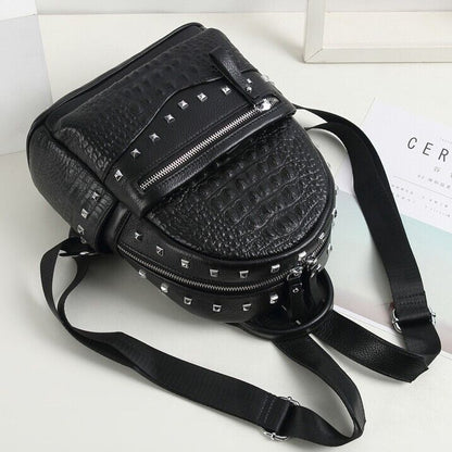 Top Cow Leather Black Women's bag, Soft Leather Crocodile Print Backpack Travel