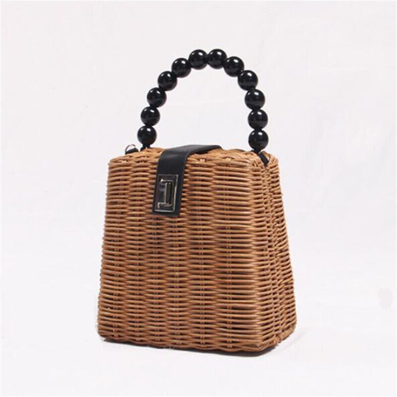 Summer New Straw Rattan Bag for Women Beaded Handle Seaside Beach Crossbody Bag